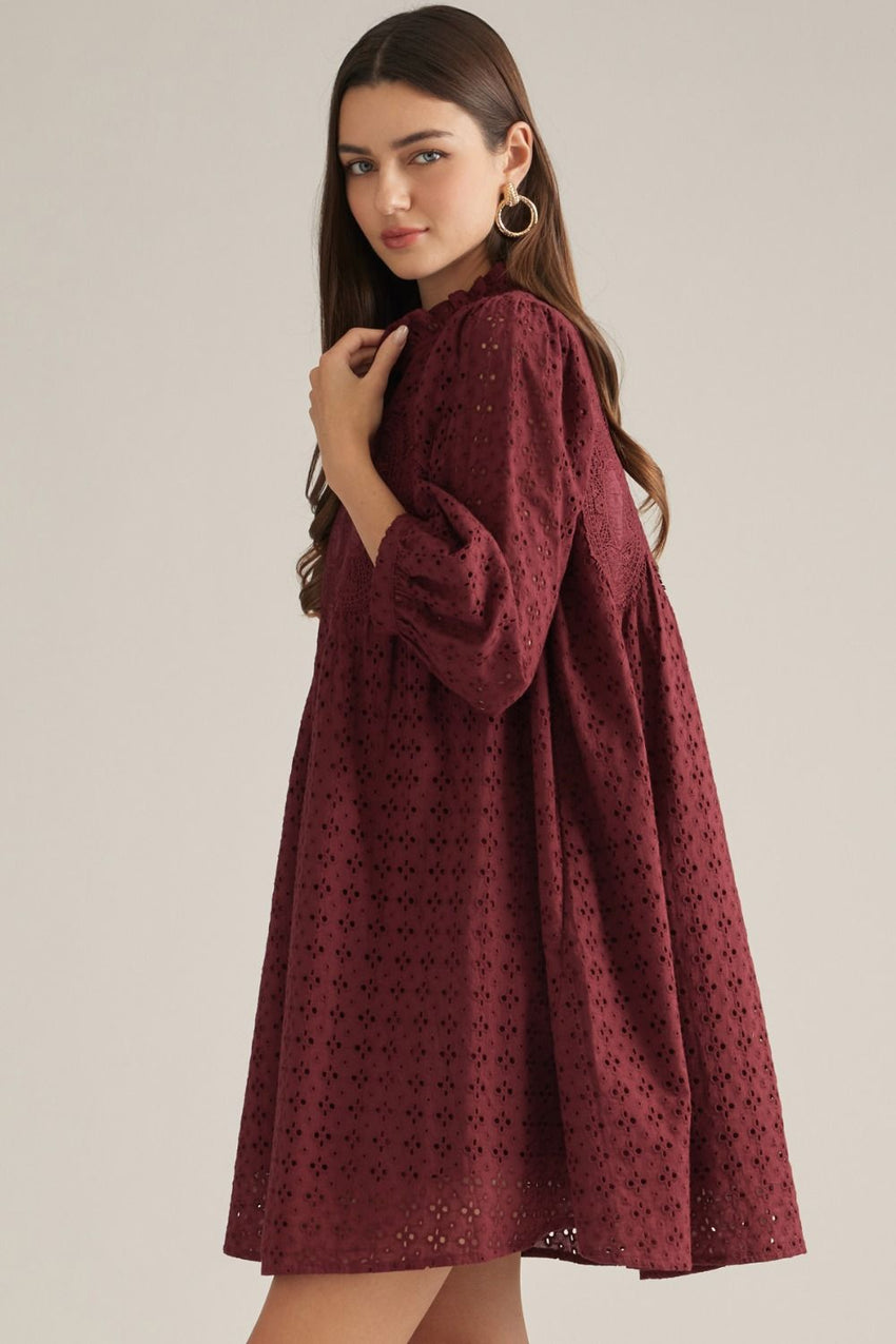 D33428 Eyelet Puff Sleeve Mini Dress