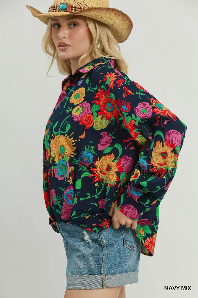 C6867 Navy Floral Mix Top