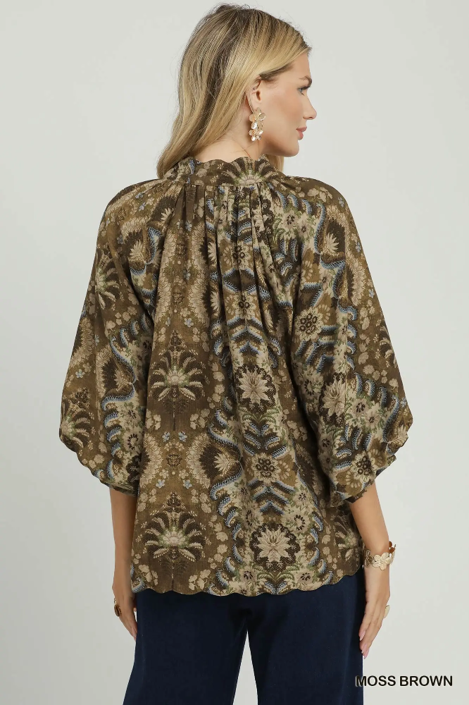 C6970 Moss Brown Balloon Sleeve Top
