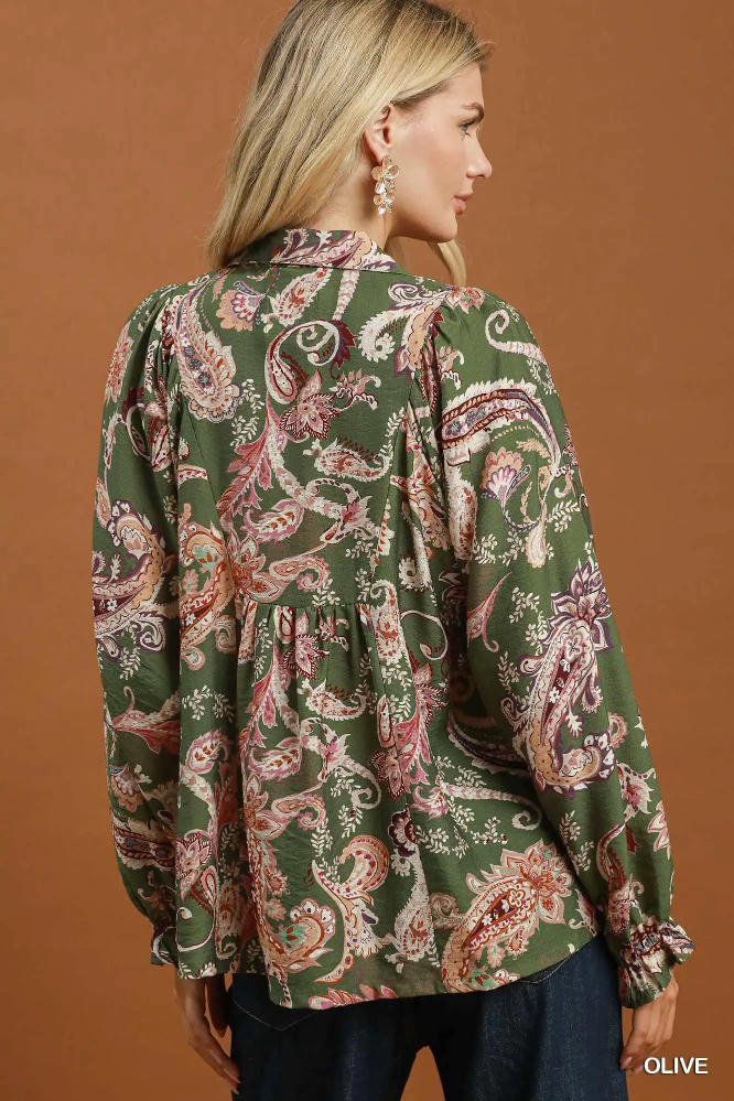 N7201 Olive Paisley Smocked Top
