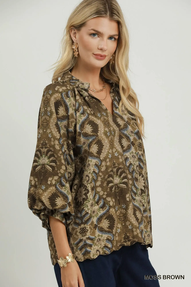 C6970 Moss Brown Balloon Sleeve Top