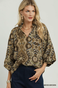 C6970 Moss Brown Balloon Sleeve Top