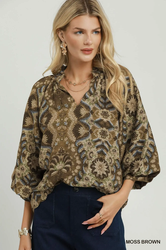 C6970 Moss Brown Balloon Sleeve Top
