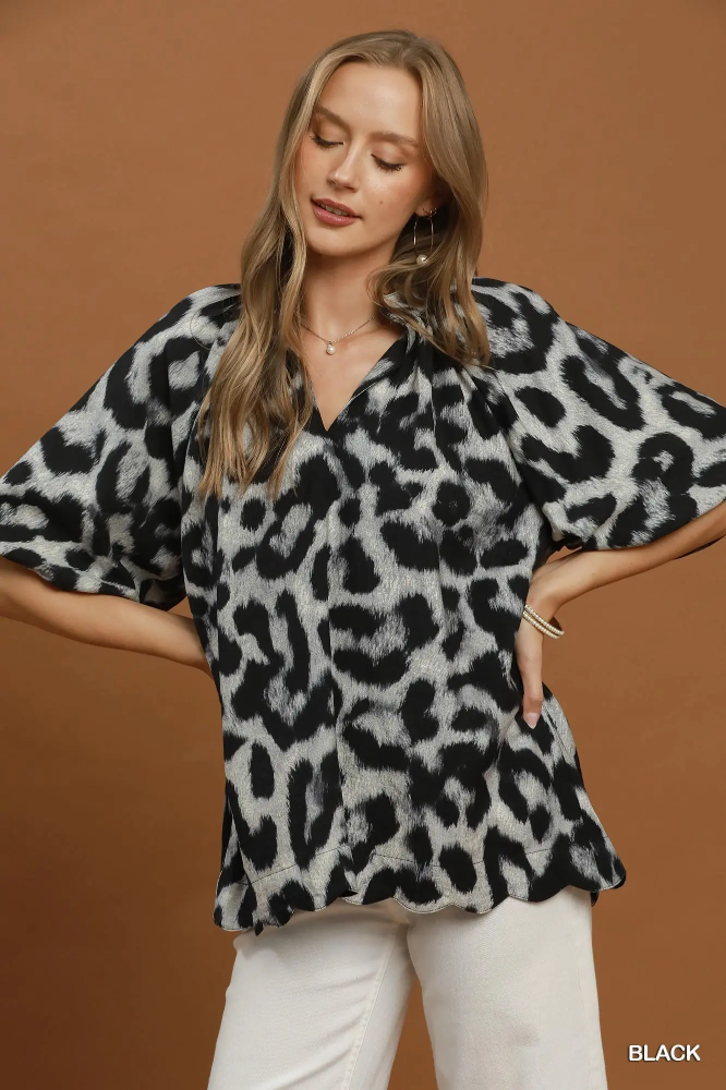 C8474 Black Animal Print Top