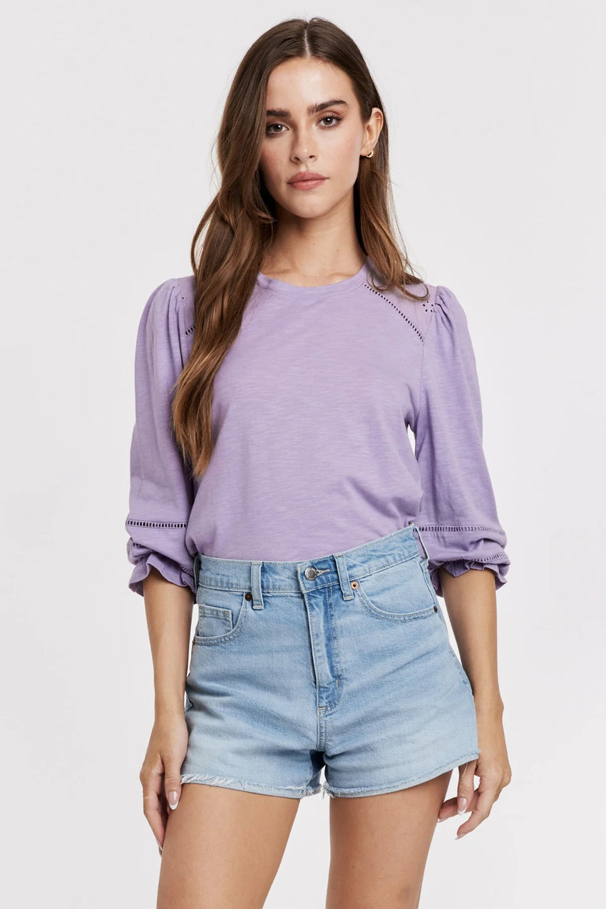 DESTINY QUARTER SLEEVE EYELET CONTRAST TOP DEWY IRIS