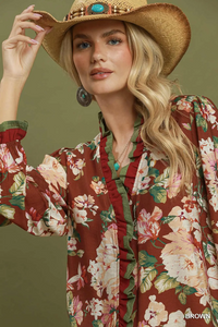 N7209 Brown Ruffle Floral Blouse