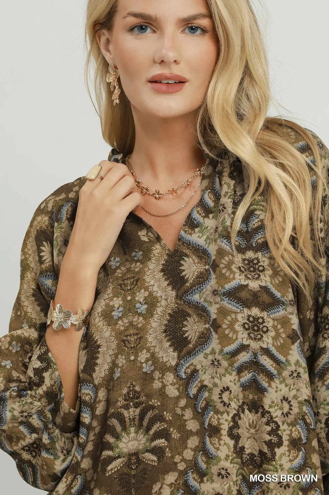 C6970 Moss Brown Balloon Sleeve Top