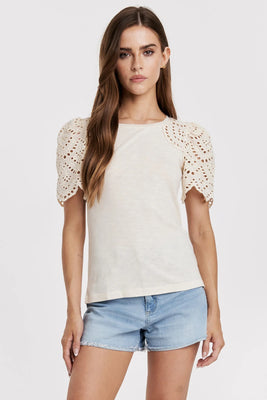 SHEA CONTRAST EYELET SLEEVE TOP ALABASTER