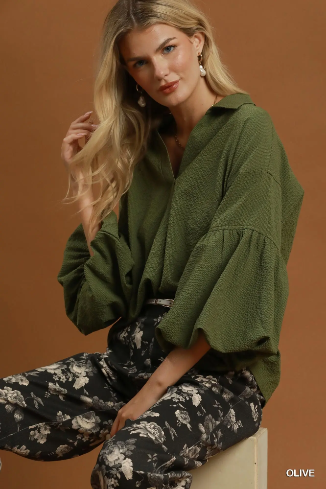 N7234 Olive Bell Sleeve Blouse