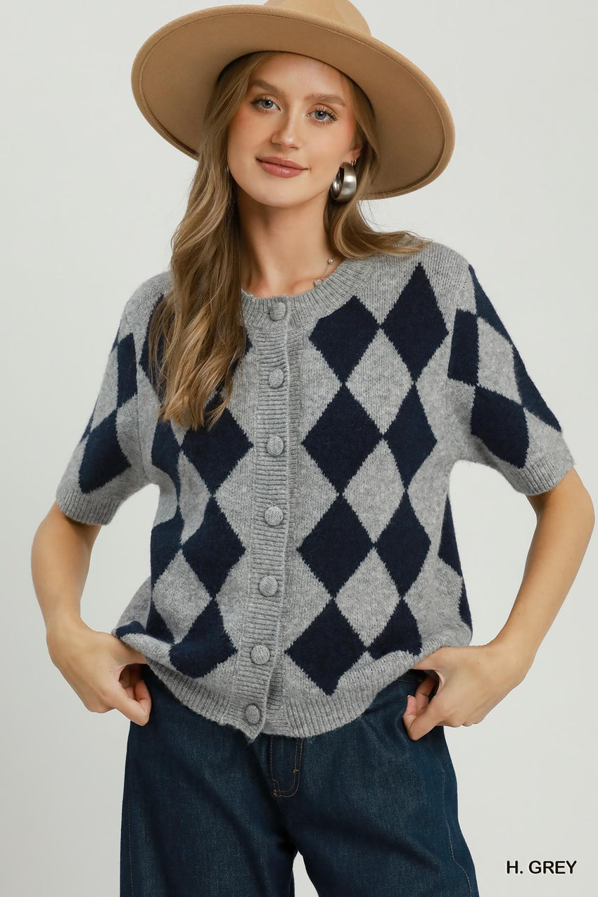 D1319 Argyle Knit Cardigan