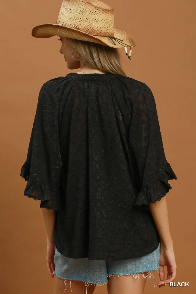 C6894 Black Animal Bell Sleeve Top