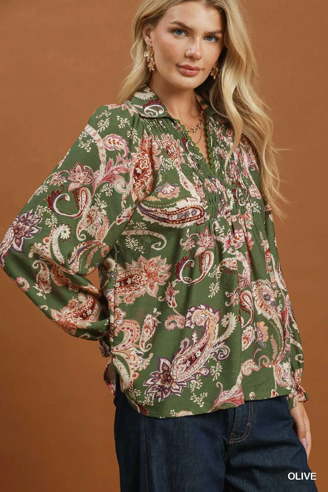N7201 Olive Paisley Smocked Top