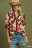 N7209 Brown Ruffle Floral Blouse