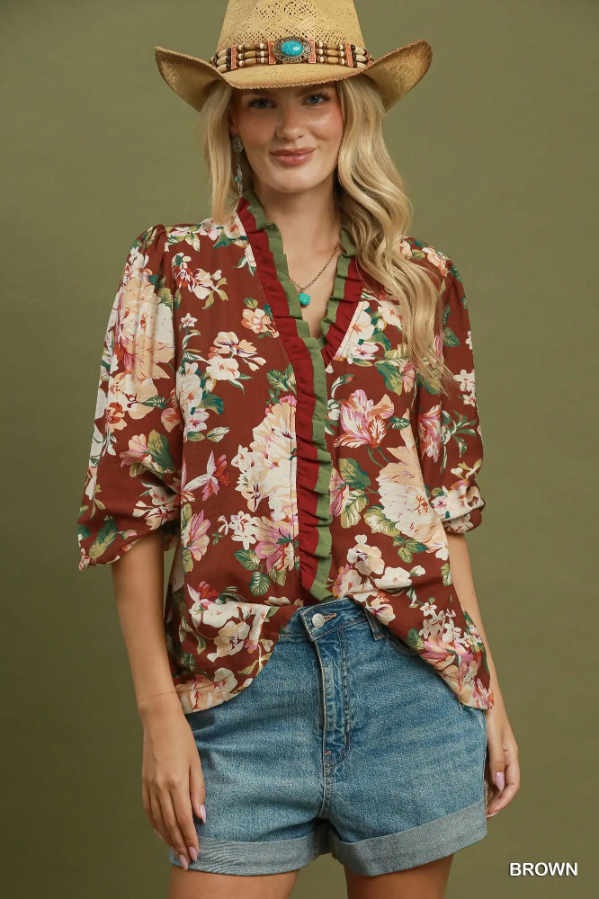 N7209 Brown Ruffle Floral Blouse