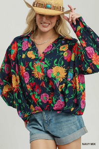 C6867 Navy Floral Mix Top