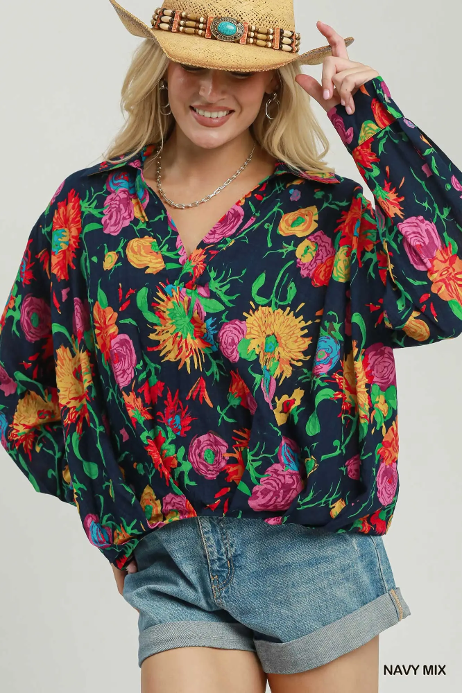 C6867 Navy Floral Mix Top