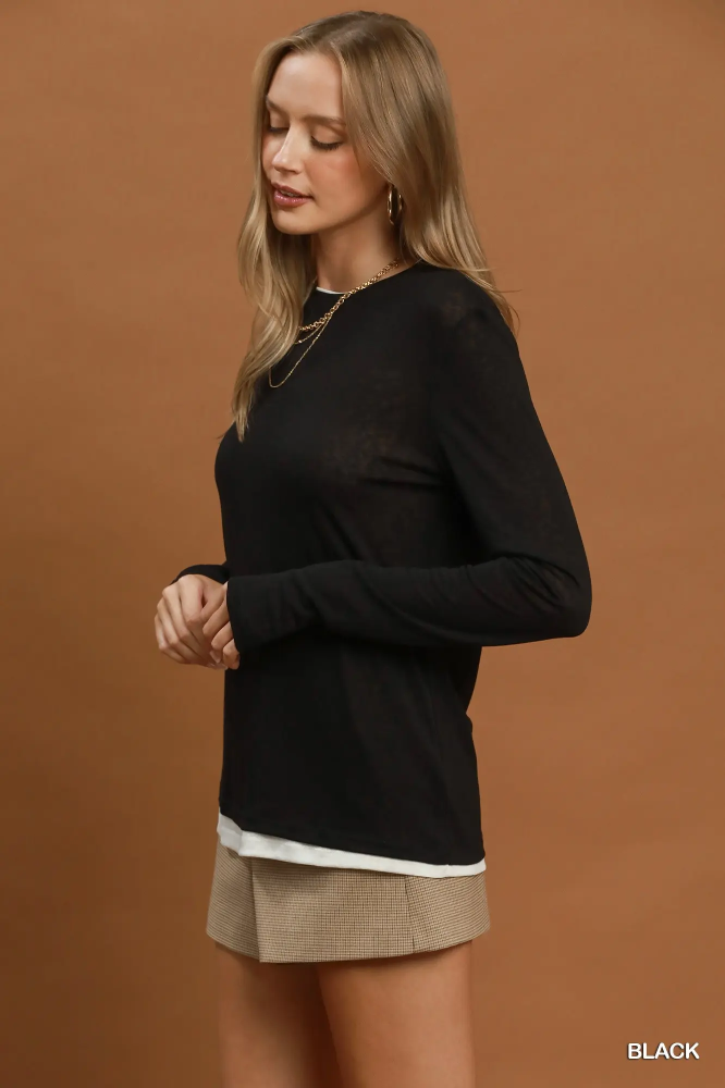 C6951 Black Layered Hem Knit Top