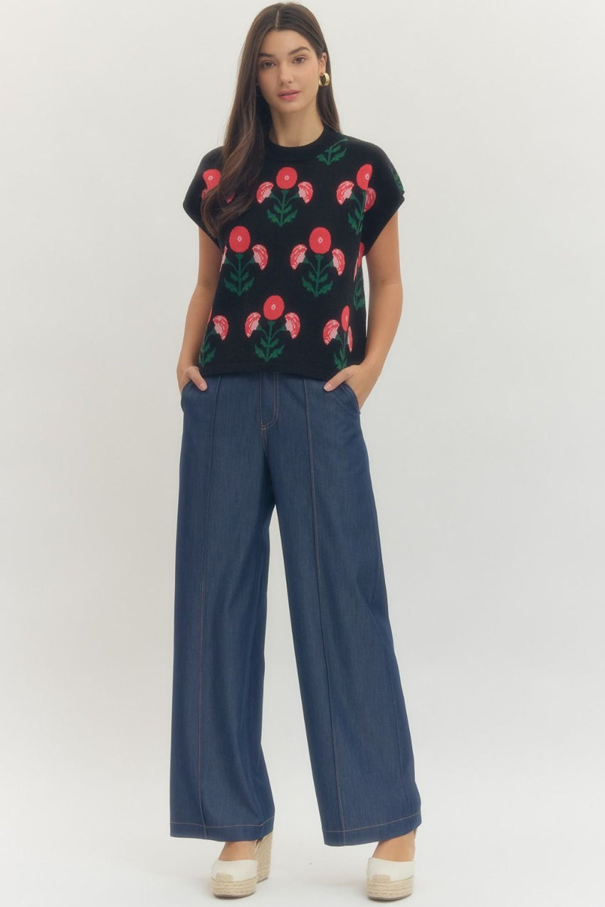 T29679 Black Floral Top