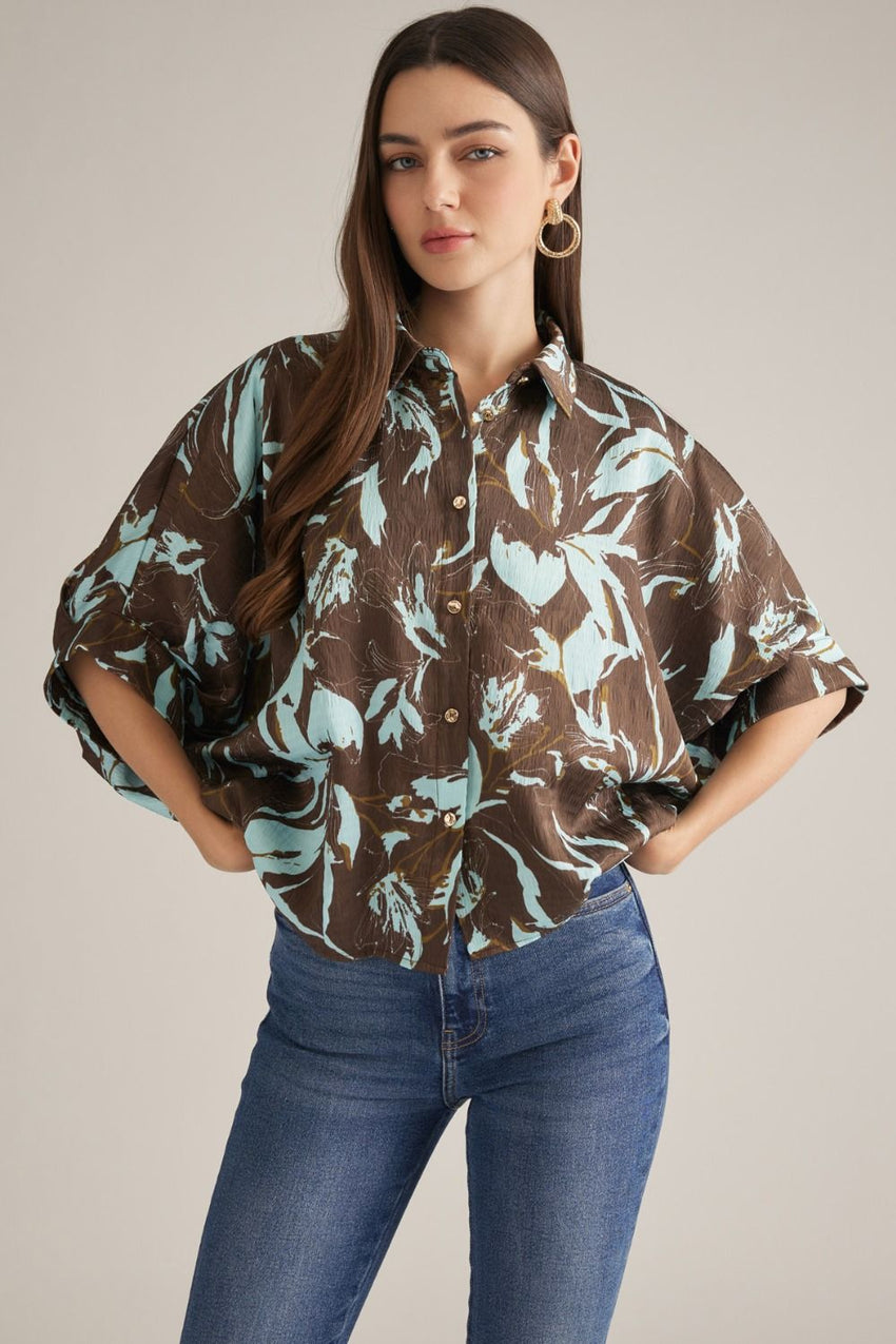 T33224 Brown/Blue Print Top