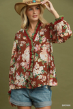 N7209 Brown Ruffle Floral Blouse