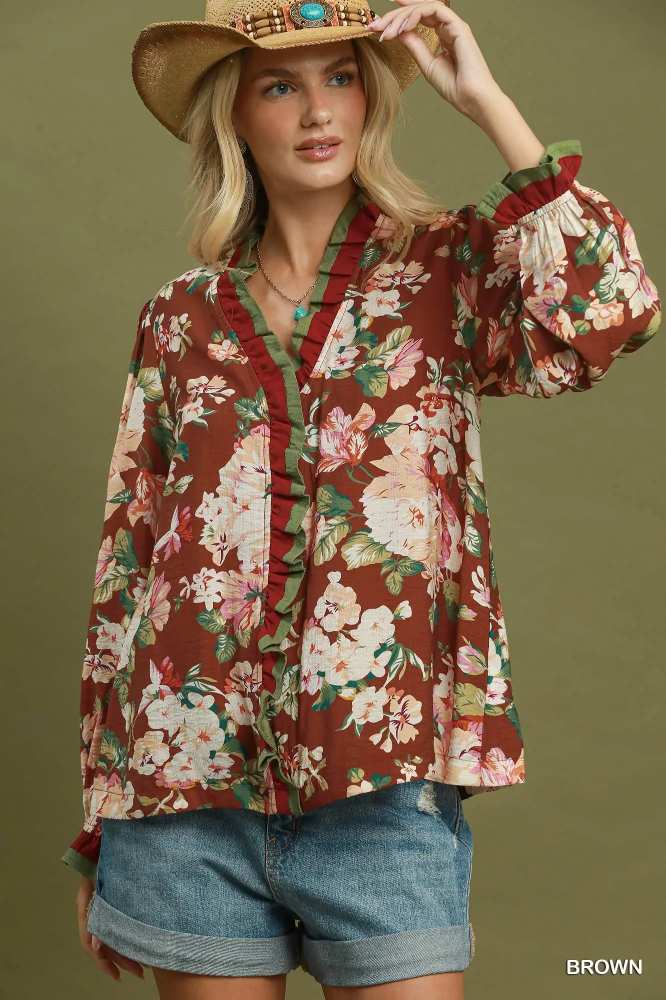 N7209 Brown Ruffle Floral Blouse