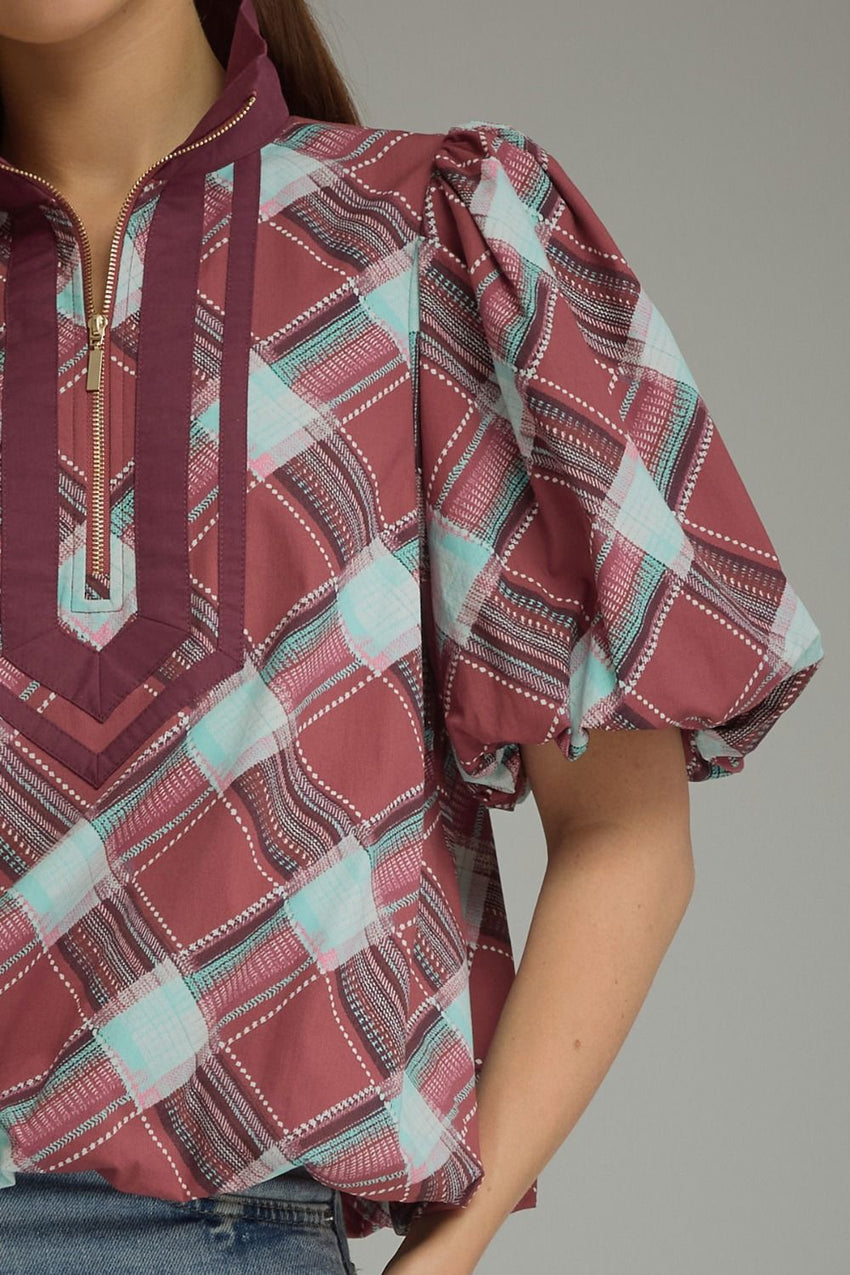 T32112 Merlot Plaid Top