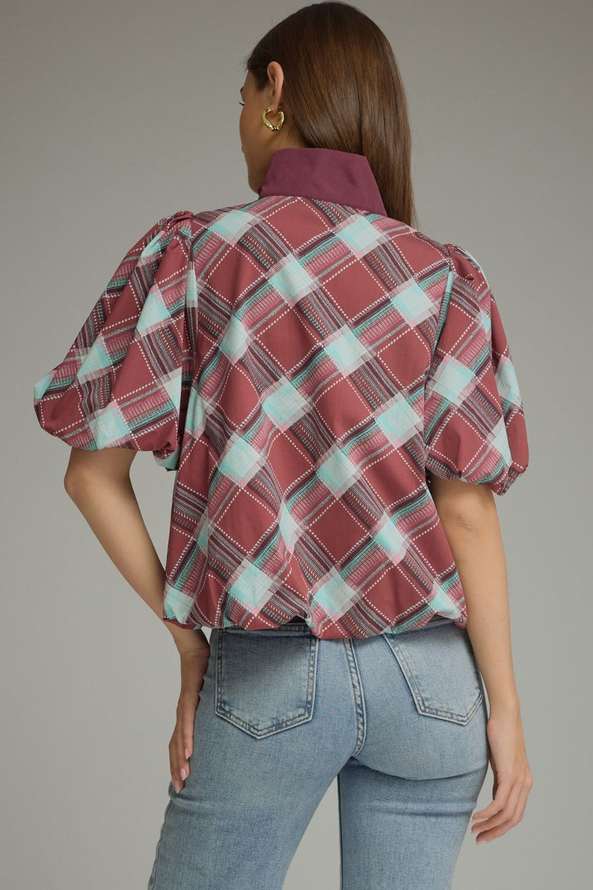 T32112 Merlot Plaid Top
