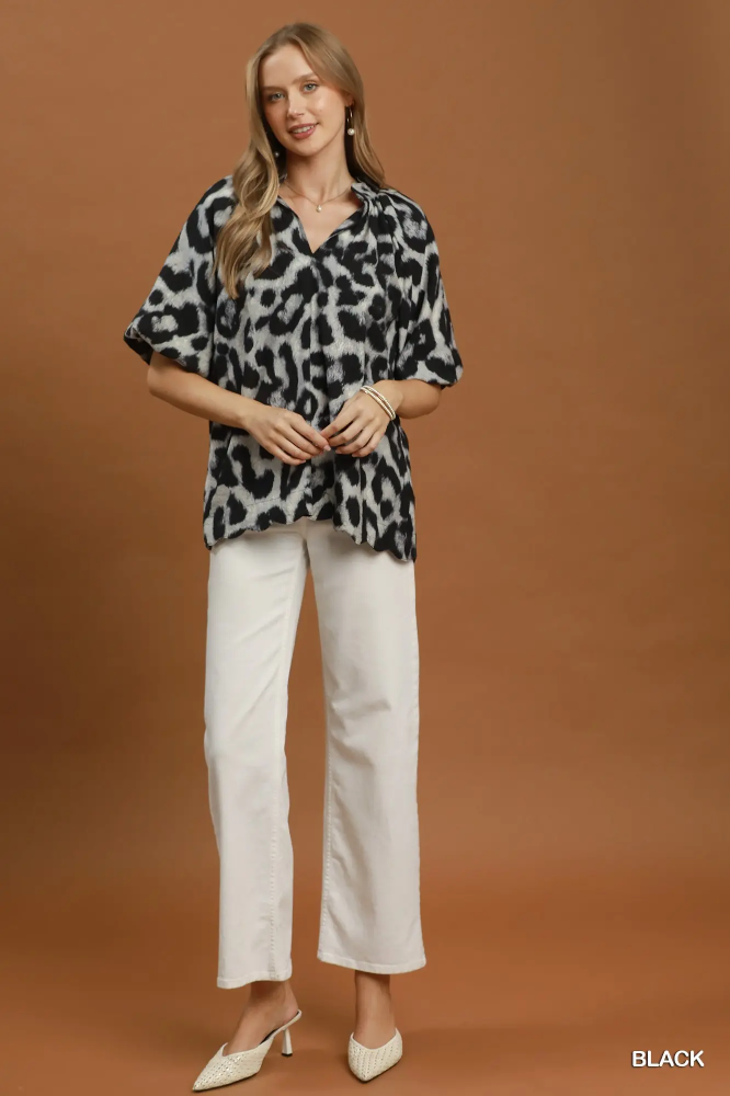 C8474 Black Animal Print Top