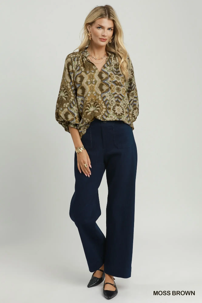 C6970 Moss Brown Balloon Sleeve Top
