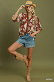 N7209 Brown Ruffle Floral Blouse