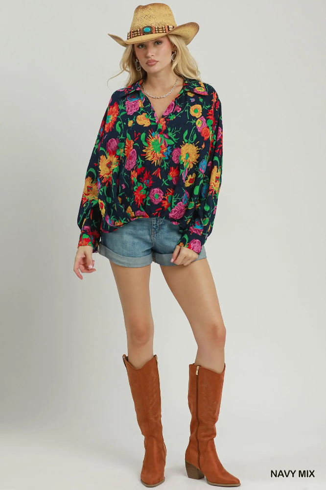 C6867 Navy Floral Mix Top
