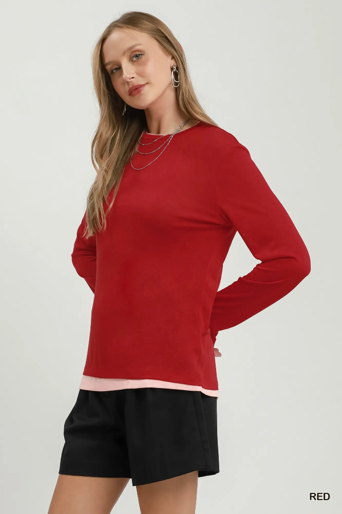 C6951 Red Layered Hem Knit Top