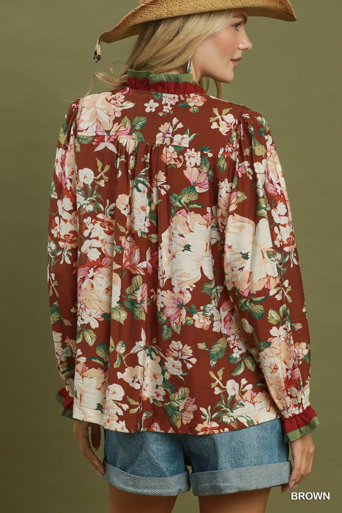 N7209 Brown Ruffle Floral Blouse