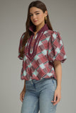 T32112 Merlot Plaid Top