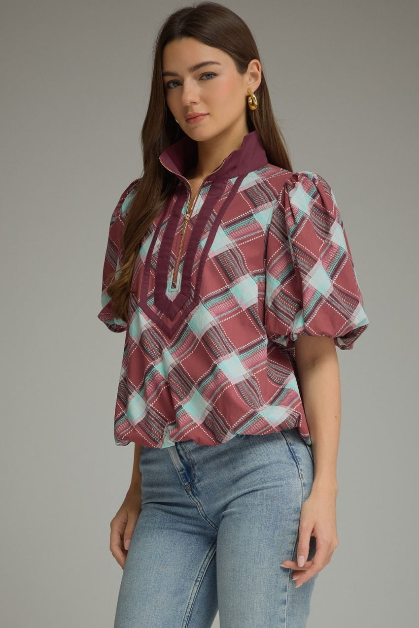 T32112 Merlot Plaid Top