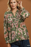N7201 Olive Paisley Smocked Top