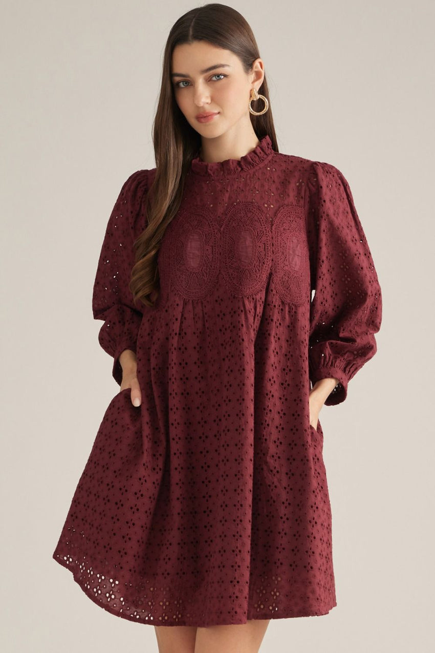 D33428 Eyelet Puff Sleeve Mini Dress