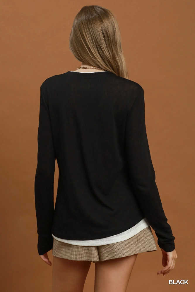 C6951 Black Layered Hem Knit Top