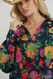 C6867 Navy Floral Mix Top