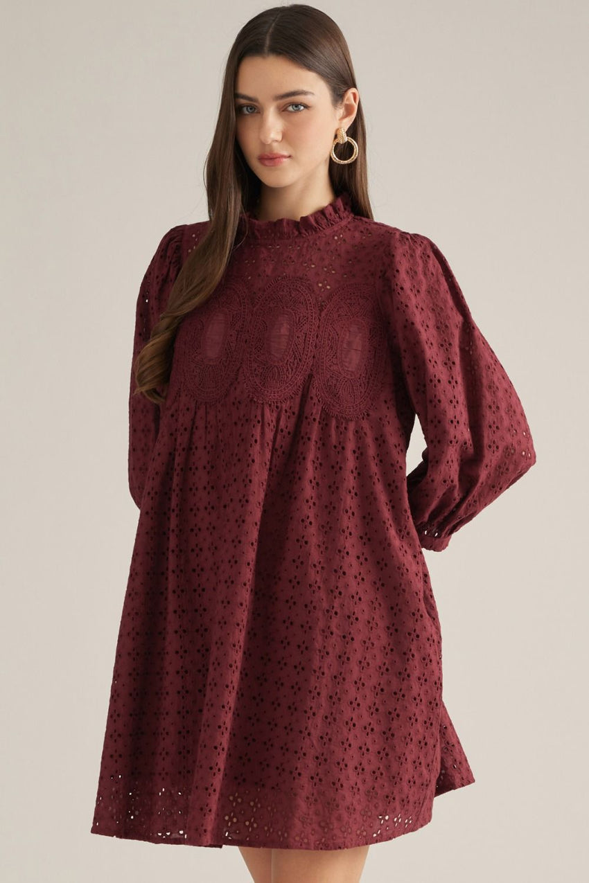 D33428 Eyelet Puff Sleeve Mini Dress