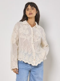 Embroidered Cotton Scallop Hem Shirt