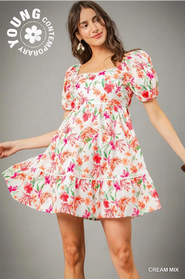 Cream Mix Floral Puff Sleeve Dress