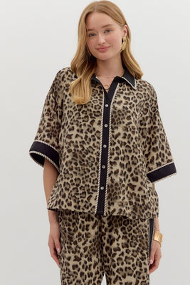 Black Leopard Button Front Top