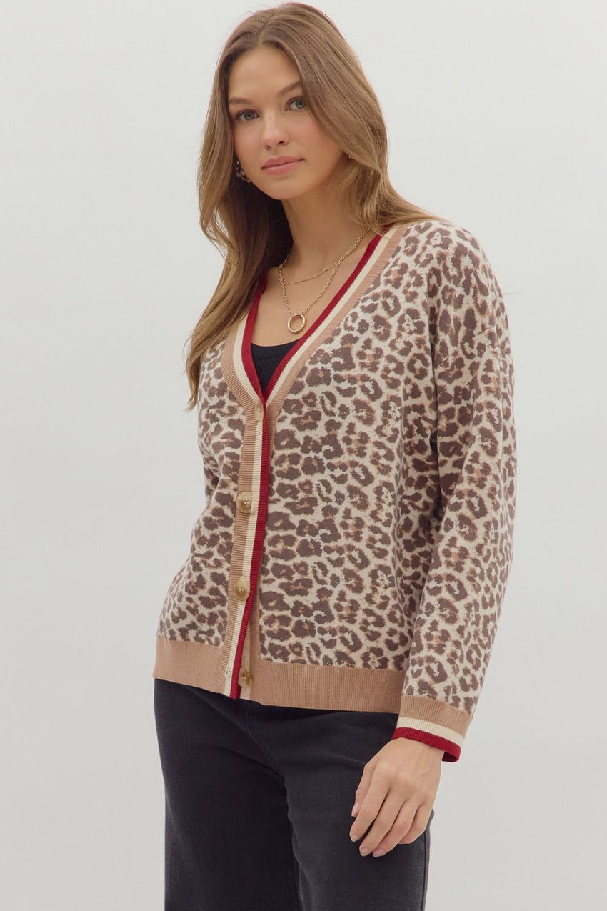 Camel Cheetah W/Pink Trim Cardigan