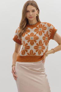 T28219 Rust Floral Knit Top