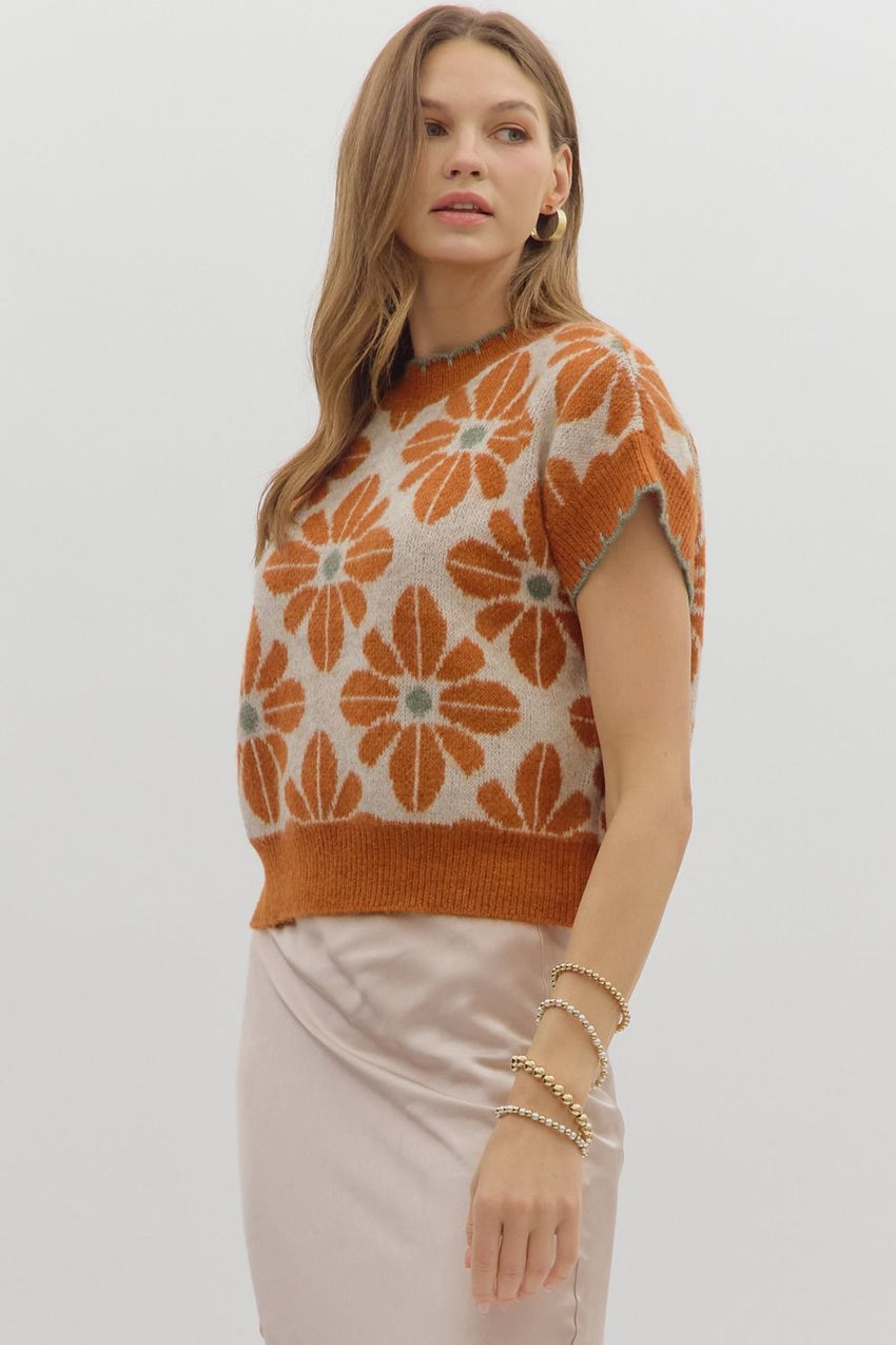T28219 Rust Floral Knit Top