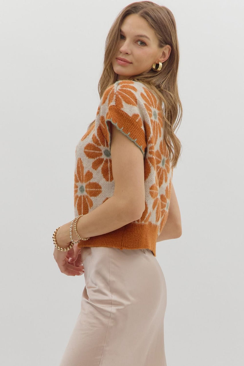 T28219 Rust Floral Knit Top
