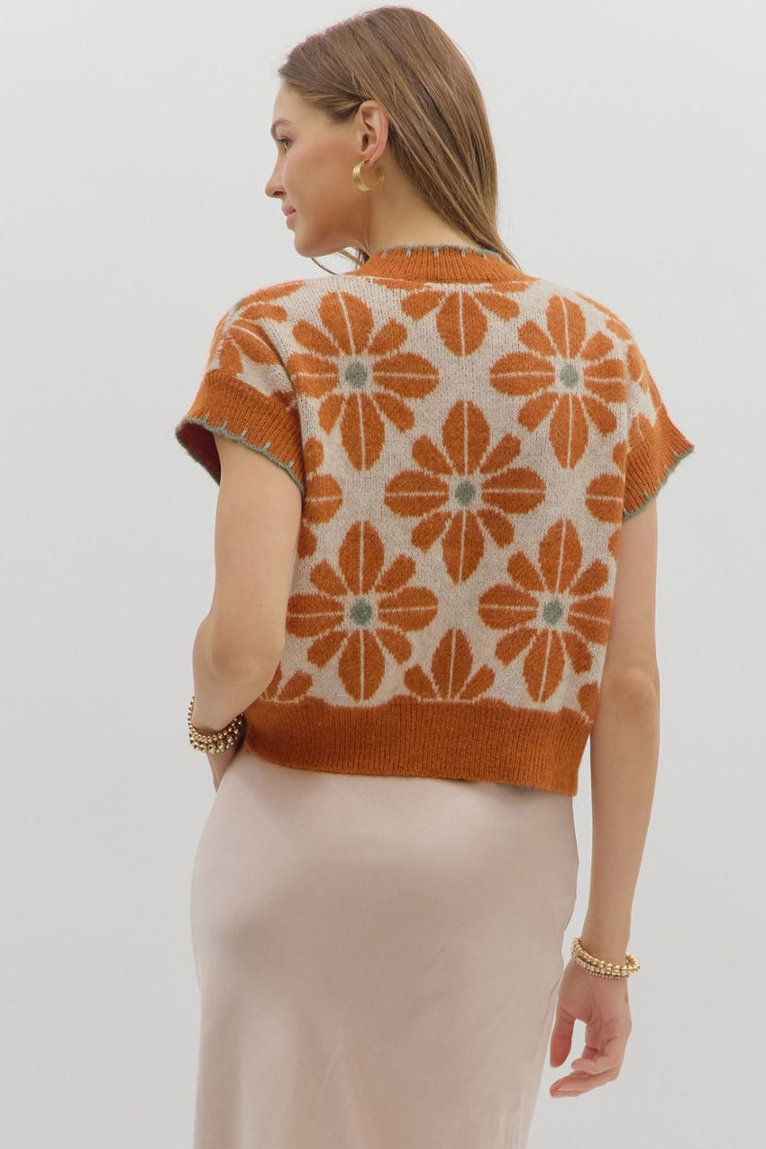 T28219 Rust Floral Knit Top