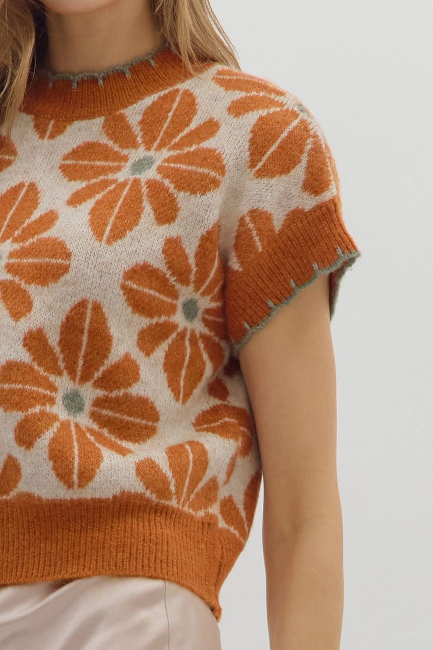 T28219 Rust Floral Knit Top