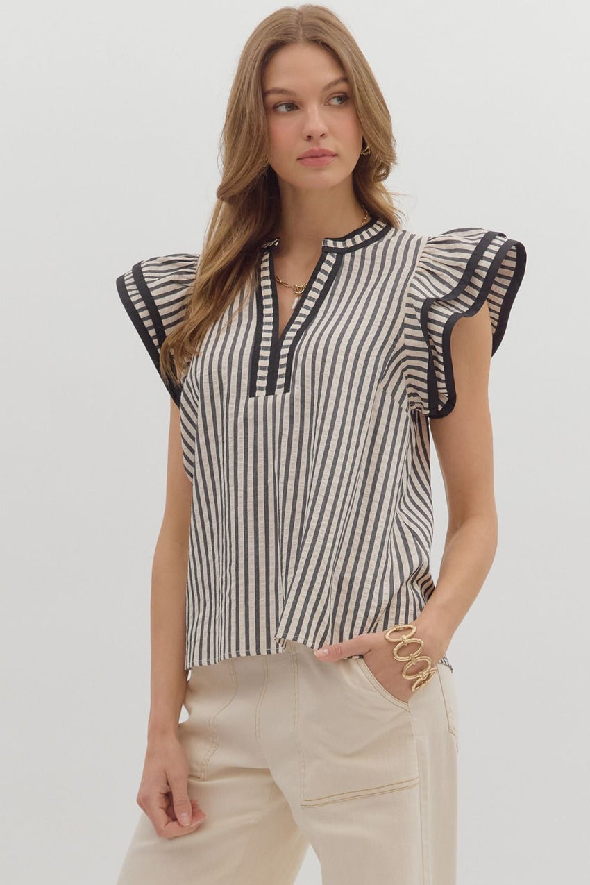 T27656 Black Stripe Flutter Sleeve
